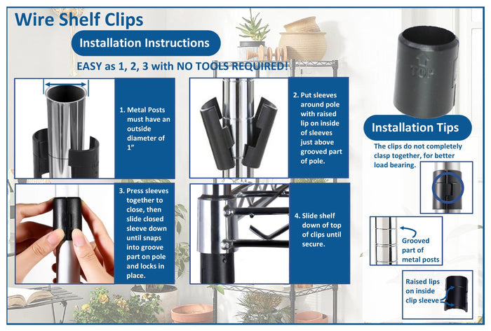 1" Diameter Post Wire Shelf Clips Shelving Split Sleeves Lock Metal Rack Locking Plastic - Pick-a-Pack