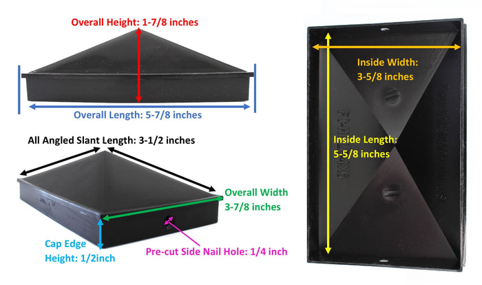 4x6 Nominal (3-5/8"x5-5/8") Plastic Pyramid Fence Post Caps with Pre-Drilled Hole Black or White