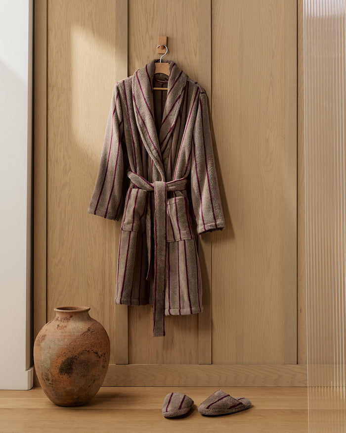 Turkish Cotton Stripe Slippers | Warm Grey with Garnet - Pretti.Cool